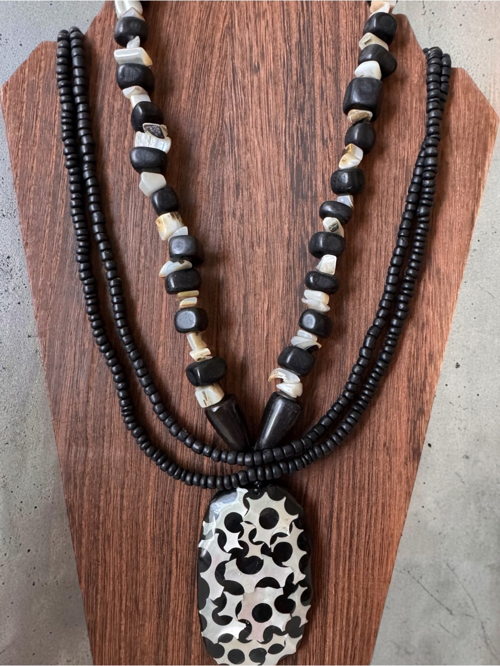 Carved Horn and Mother of Pearl Inlay Beaded Statement Necklace